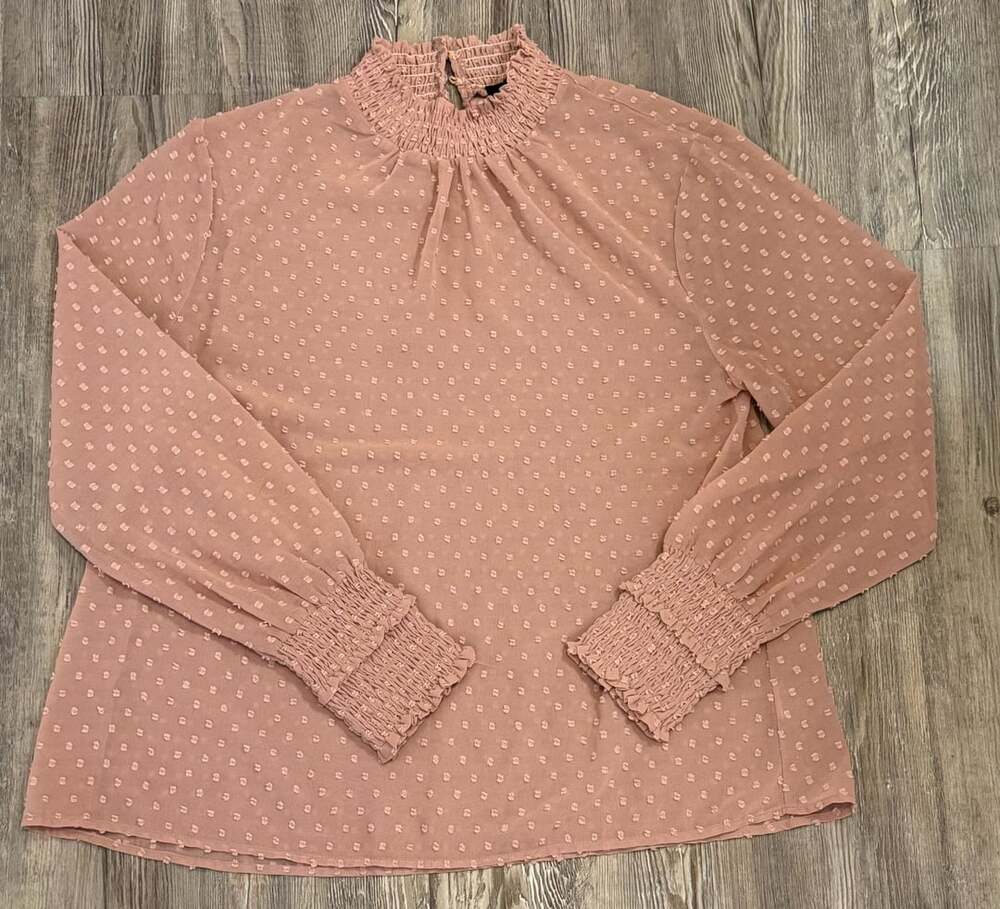 mittoshop Pink Swiss Dot Mock Neck Long Sleeve Smocked Cuffs Blouse Size M